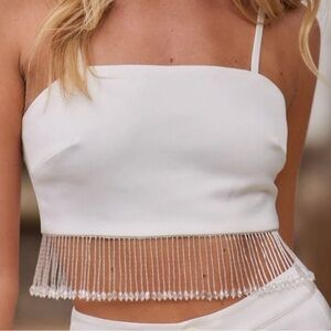 12th Tribe • Torrey White Satin Beaded Fringe Crop Top